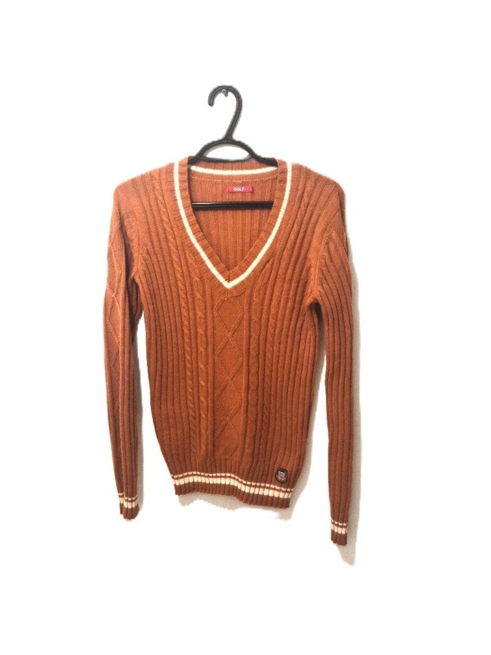 Burnt Orange Cable Knit Varsity Sweater Preppy Retro Fall Tennis Clueless Gilmor